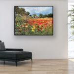 Landscape painting, original oil painting on canvas hanging in a modern living room with a black sofa and home decor