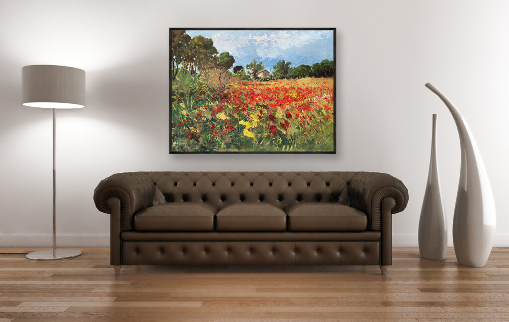 Landscape painting, original oil painting on canvas hanging in a modern living room with a brown sofa and home decor