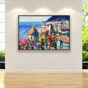 Positano oil painting on canvas, original art, modern textured large Amalfi Coast Italy wall art, perfect for living room wall decor and as unique gift ideas, displayed on the wall in a stylish room