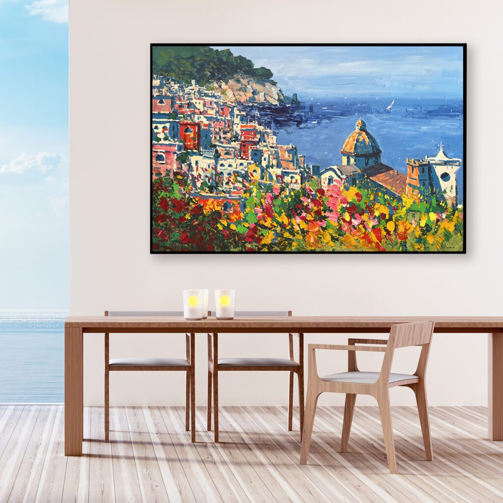 Positano painting with flowers and ocean view, original oil painting on canvas hanging in a modern living room with a table