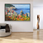 Positano painting with flowers and ocean view, original oil painting on canvas hanging in a modern living room with a beige sofa