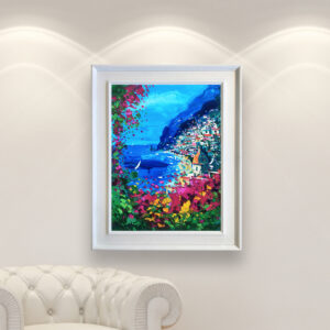 Positano painting, original oil painting on canvas hanging in a modern living room with a white sofa and home decor