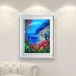 Positano painting, original oil painting on canvas hanging in a modern living room with a white sofa and home decor