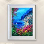 Positano painting, original oil painting on canvas hanging in a modern living room with a white sofa and home decor