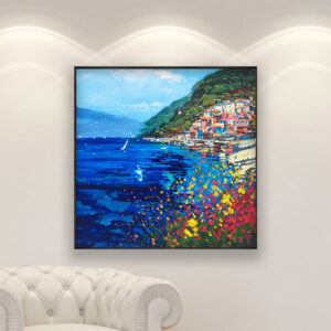 Varenna Lake Como painting, original oil painting on canvas, hanging in a modern living room with a white sofa