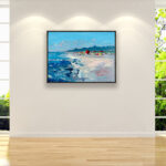 Beach oil painting on canvas with rich impasto texture hanging on a modern wall, viewed from a medium distance.