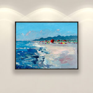 Beach oil painting on canvas with rich impasto texture hanging on a modern wall, viewed from a medium distance.