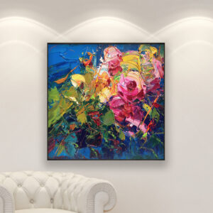 Flowers oil painting on canvas, original modern textured floral wall art, framed, perfect for room wall decor and as unique gift for her, displayed on the wall above a white sofa in a stylish living room