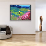 Golf painting, original oil painting on canvas hanging in a modern living room with a beige sofa and home decor