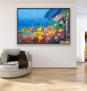 Positano oil painting on canvas, original art, modern textured large Amalfi Coast Italy wall art, perfect for living room wall decor and as unique gift ideas, displayed on the wall in a stylish room