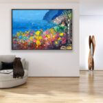 Positano oil painting on canvas, original art, modern textured large Amalfi Coast Italy wall art, perfect for living room wall decor and as unique gift ideas, displayed on the wall in a stylish room