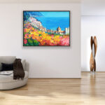 Positano painting, original oil painting on canvas hanging in a modern living room with a beige sofa