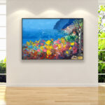 Positano oil painting on canvas, original art, modern textured large Amalfi Coast Italy wall art, perfect for living room wall decor and as unique gift ideas, displayed on the wall in a stylish room