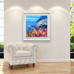 Positano oil painting on canvas, original modern impressionist Amalfi Coast wall art, framed, perfect for living room wall decor and as unique gift for her, displayed on the wall above a sofa in a stylish living room