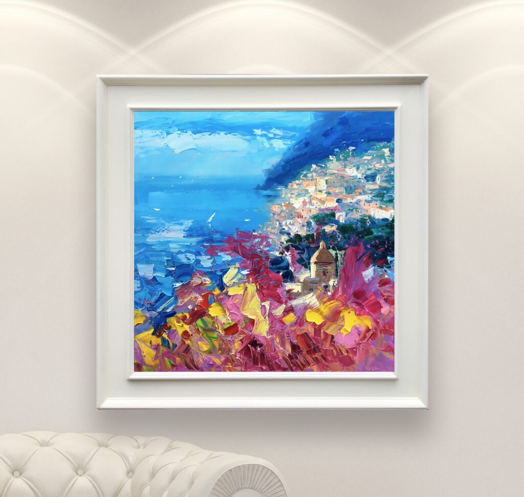 Positano oil painting on canvas, original modern impressionist Amalfi Coast wall art, framed, perfect for living room wall decor and as unique gift for her, displayed on the wall above a sofa in a stylish living room