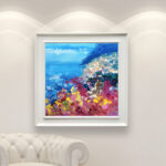 Positano oil painting on canvas, original modern impressionist Amalfi Coast wall art, framed, perfect for living room wall decor and as unique gift for her, displayed on the wall above a sofa in a stylish living room