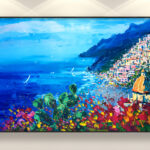 Positano painting with flowers and cactus, original oil painting on canvas hanging in a modern living room