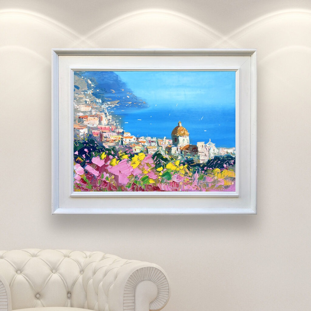 Positano painting, original oil painting on canvas hanging in a modern living room with a white sofa and home decor