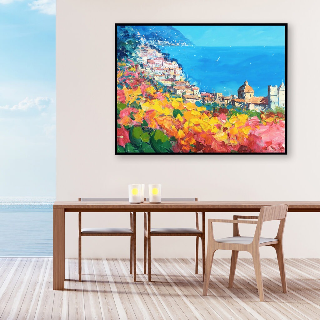 Positano painting, original oil painting on canvas hanging in a modern living room with table and ocean view