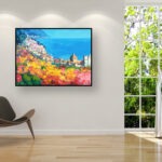 Positano painting, original oil painting on canvas hanging in a modern living room with armchair