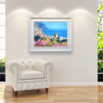 Positano painting, original oil painting on canvas hanging in a modern living room with a white sofa and home decor