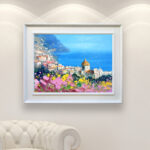 Positano painting, original oil painting on canvas hanging in a modern living room with a white sofa and home decor