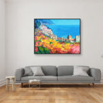 Positano painting, original oil painting on canvas hanging in a modern living room with a gray sofa