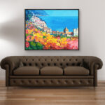 Positano painting, original oil painting on canvas hanging in a modern living room with a brown sofa