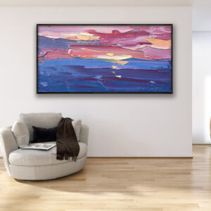 Sunset oil painting on canvas, original modern abstract textured wall art, large framed wall art, perfect for living room wall decor and as unique gift ideas, displayed on the wall in a stylish room