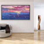 Modern Sunset oil painting on canvas, original abstract textured wall art, large framed wall art, perfect for living room wall decor and as unique gift ideas, displayed on the wall in a stylish room