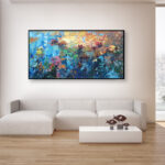 Water lilies painting, original oil painting on canvas hanging in a modern living room with a white sofa