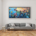 Flowers oil painting displayed in a minimalist living room with a gray sofa and elegant decor