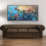 Water lilies painting, original oil painting on canvas hanging in a modern living room with a brown sofa