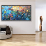 Water lilies painting, original oil painting on canvas hanging in a modern living room with a beige sofa