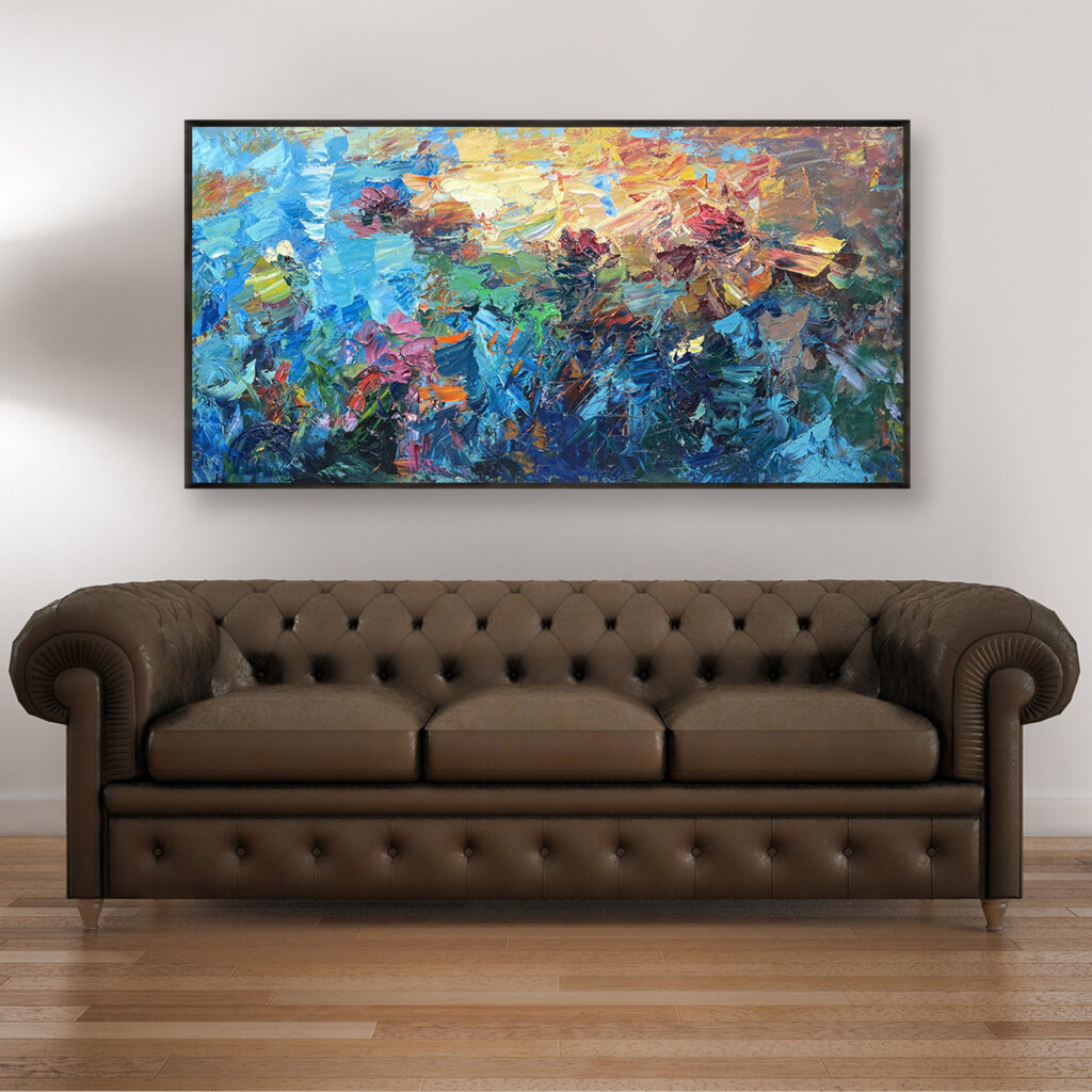 Water lilies oil painting on canvas displayed above a brown leather sofa in a elegant living room