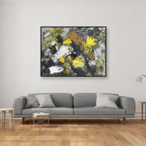 Abstract painting, original oil painting on canvas hanging in a modern living room with a gray sofa and home decor