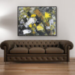 Abstract painting, original oil painting on canvas hanging in a modern living room with a brown sofa and home decor