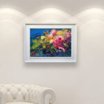 Flowers painting, original oil painting on canvas hanging in a modern living room with a white sofa and home decor