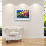 Flowers painting, original oil painting on canvas hanging in a modern living room with a white sofa and home decor