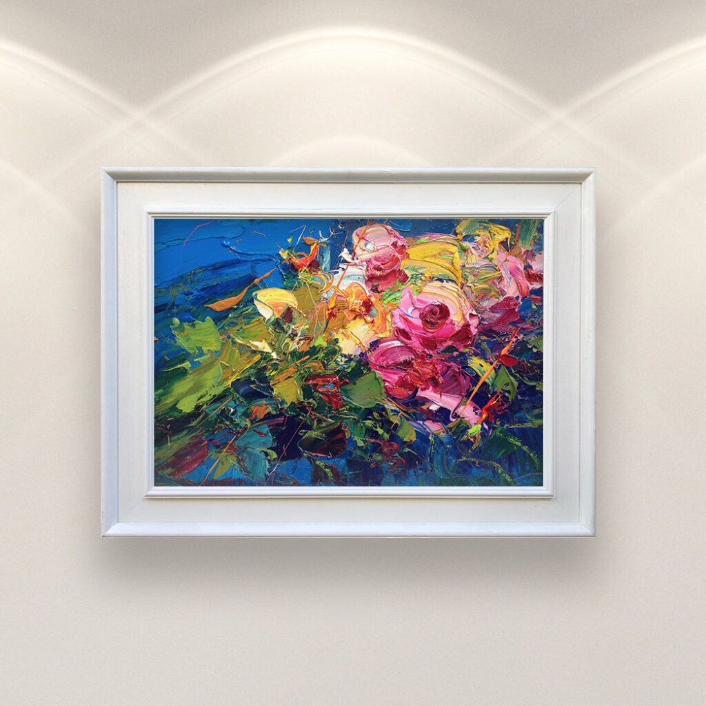 Flowers painting, original oil painting on canvas hanging in a modern living room with a white sofa and home decor