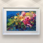 Flowers painting, original oil painting on canvas hanging in a modern living room with a white sofa and home decor