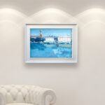 Venice painting on canvas with rich impasto texture hanging on a modern wall, viewed from a medium distance.