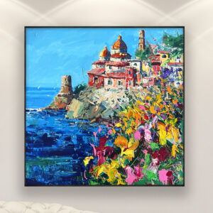 Atrani oil painting on canvas, original art, modern textured colorful Amalfi Coast Italy wall art, perfect for living room wall decor and as unique gift ideas, displayed on the wall in a stylish room