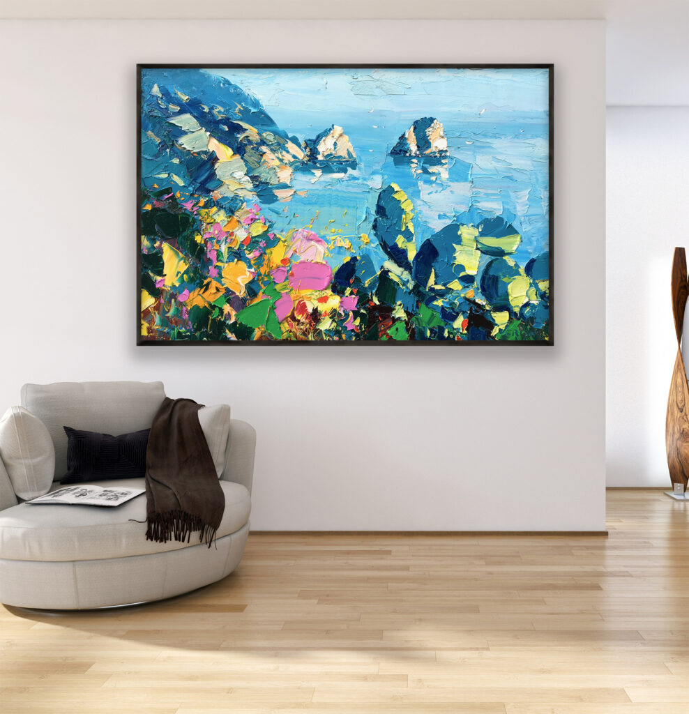 Capri painting, original oil painting on canvas hanging in a modern living room with a beige sofa and home decor