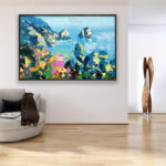 Capri painting, original oil painting on canvas hanging in a modern living room with a beige sofa