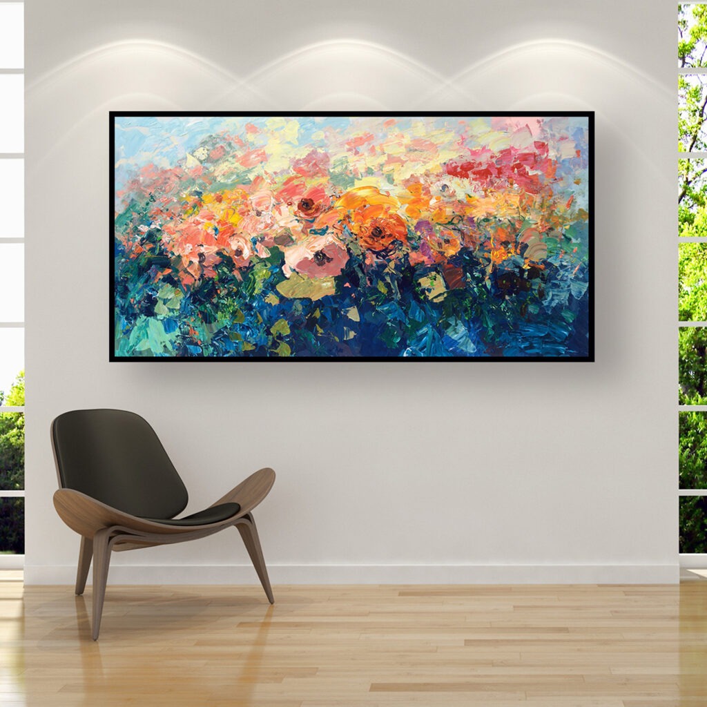 Flowers painting, original oil painting on canvas hanging in a modern living room with a brown armchair