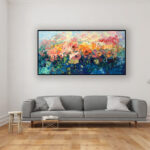 Flowers painting, original oil painting on canvas hanging in a modern living room with a gray sofa