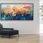 Flowers painting, original oil painting on canvas hanging in a modern living room with a black sofa