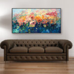 Flowers painting, original oil painting on canvas hanging in a modern living room with a brown sofa