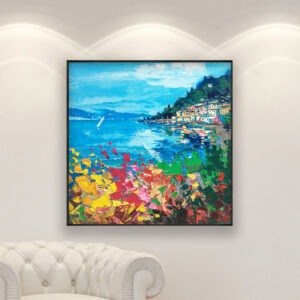 Lake Como painting, original oil painting on canvas hanging in a modern living room with a white sofa and home decor